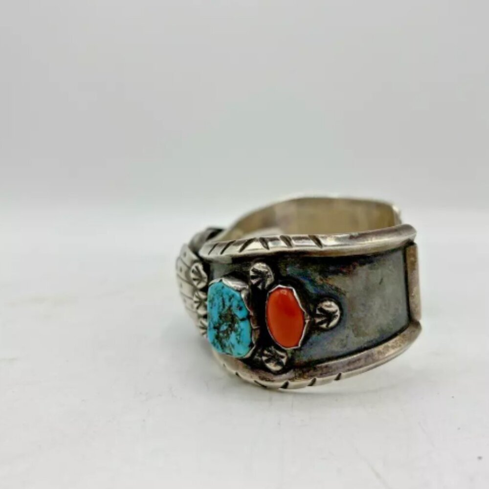 Vintage ML Native‎ American Navajo Zuni Silver Turquoise Coral Cuff Bracelet - Picture 9 of 14